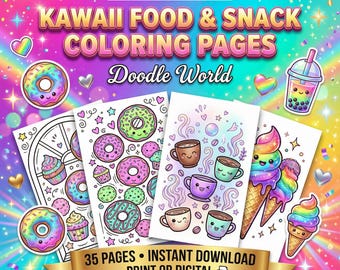 35 Kawaii Food Snack Coloring Pages Adult Coloring Book Printable PDF Cute Doodle Art Instant Download Stress Relief Relaxation