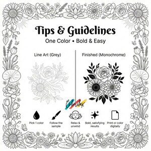 50 Summer Flowers Blossom MonoChrome Coloring Pages Adult Coloring Book Printable Plants Leaves Instant Download Stress Relief PDF image 3