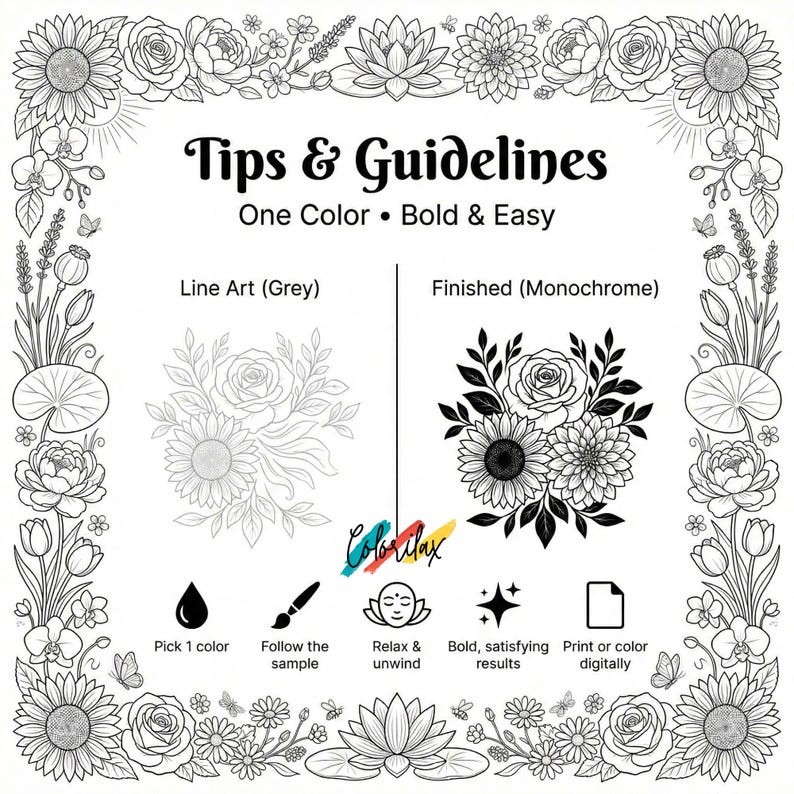 50 Summer Flowers Blossom MonoChrome Coloring Pages Adult Coloring Book Printable Plants Leaves Instant Download Stress Relief PDF image 3