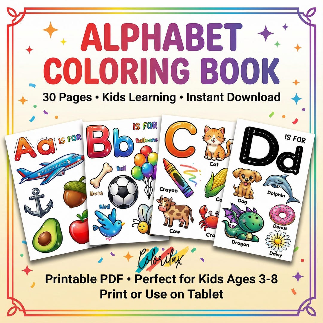 30 Alphabet Coloring Book Pages Kids Coloring Printable Instant ...