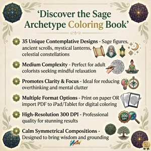 Pu&ograve; includere: Annuncio per un libro da colorare intitolato 'Discover the Sage Archetype Coloring Book'. Il design presenta testo e illustrazioni, tra cui figure di saggi, lanterne e mandala. Il libro offre 35 design unici con 300 DPI ad alta risoluzione.
