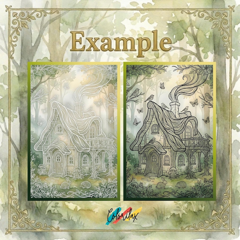 May include: A whimsical illustration of a cottage with a smoking chimney, surrounded by trees, birds, and butterflies. The word "Example" is written in gold at the top. The image has a watercolor background and a decorative border.