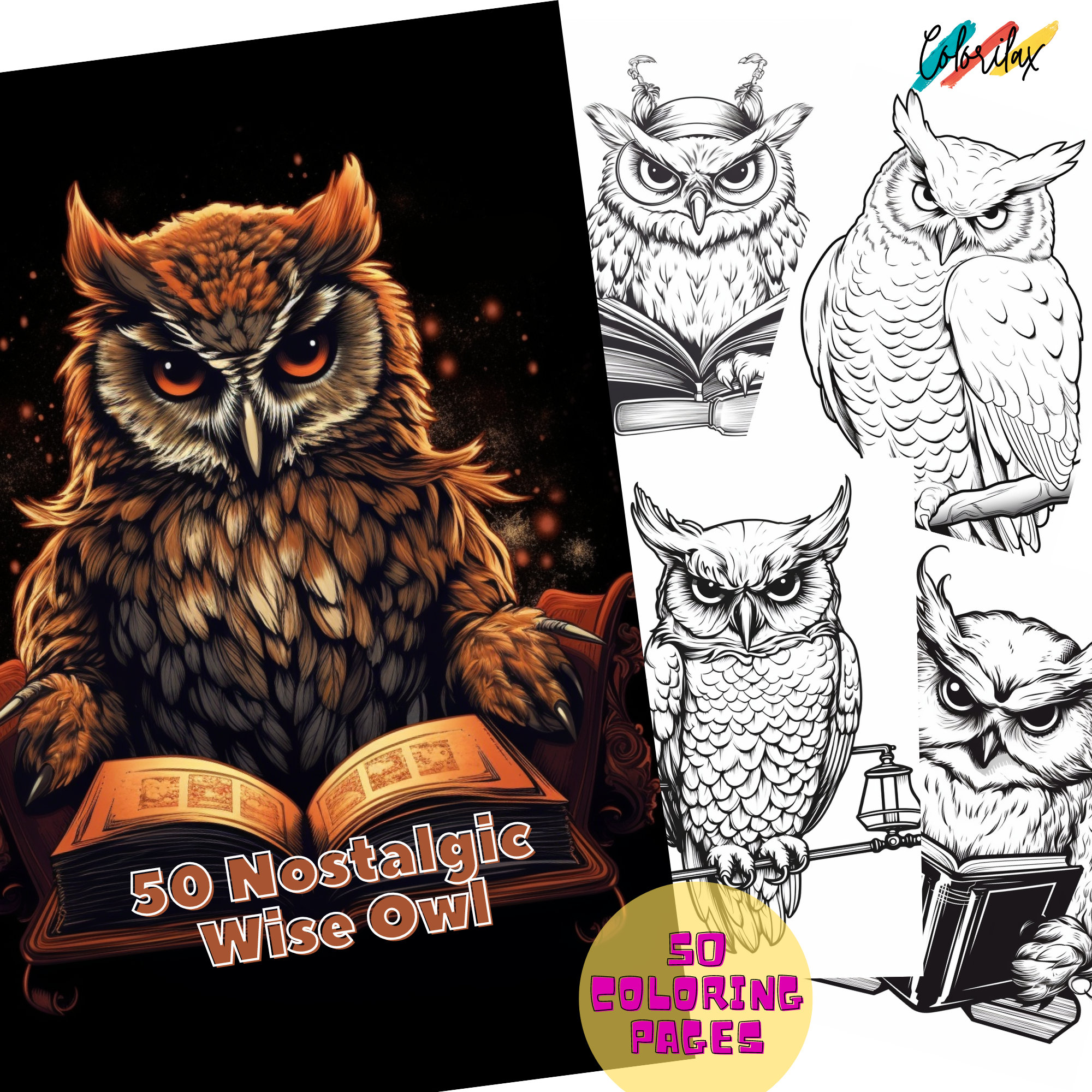 50 Nostalgic Wise Owl Coloring Pages, Adults & Childs Coloring Book - Instant Download -Grayscal