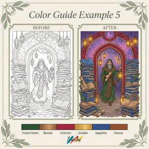 Pu&ograve; includere: Un esempio di guida ai colori che mostra una pagina da colorare prima e dopo. L'immagine "prima" &egrave; un'illustrazione in bianco e nero di un mago in un arco con pile di libri. L'immagine "dopo" &egrave; la stessa scena, colorata con verde foresta, bronzo, cremisi, oro, zaffiro e siena.