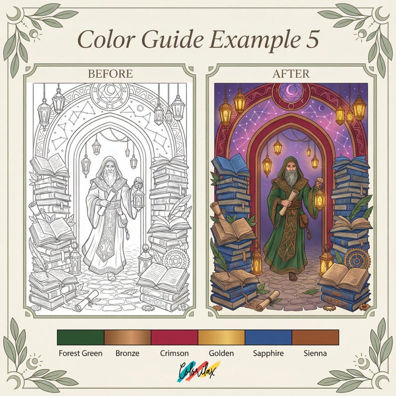 Pu&ograve; includere: Un esempio di guida ai colori che mostra una pagina da colorare prima e dopo. L'immagine "prima" &egrave; un'illustrazione in bianco e nero di un mago in un arco con pile di libri. L'immagine "dopo" &egrave; la stessa scena, colorata con verde foresta, bronzo, cremisi, oro, zaffiro e siena.
