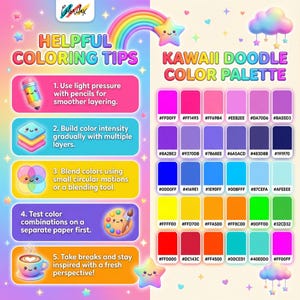 May include: A colorful graphic with the text "HELPFUL COLORING TIPS" and "KAWAII DOODLE COLOR PALETTE." The image features a rainbow, stars, and a variety of color swatches with hex codes. Tips include layering, blending, and testing colors.
