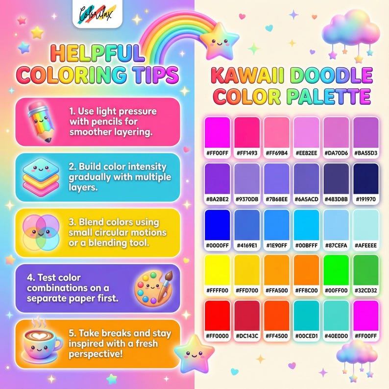 May include: A colorful graphic with the text "HELPFUL COLORING TIPS" and "KAWAII DOODLE COLOR PALETTE." The image features a rainbow, stars, and a variety of color swatches with hex codes. Tips include layering, blending, and testing colors.