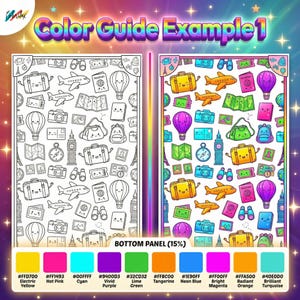 May include: A coloring page with a travel theme, featuring suitcases, airplanes, passports, and hot air balloons. The image includes the text "Color Guide Example 1" and a color palette with color codes for Electric Yellow, Hot Pink, Cyan, Vivid Purple, Lime Green, Tangerine, Neon Blue, Bright Magenta, Radiant Orange, and Brilliant Turquoise.