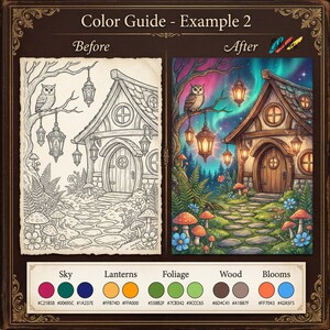 Puede incluir: Una gu&iacute;a de color titulada "Color Guide - Example 2" muestra una ilustraci&oacute;n de antes y despu&eacute;s de una escena de caba&ntilde;a caprichosa. La imagen "Antes" es un dibujo lineal en blanco y negro. La imagen "Despu&eacute;s" es una versi&oacute;n vibrante y colorida con un b&uacute;ho, linternas y setas.