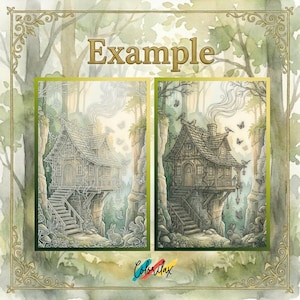 May include: Two detailed illustrations of a whimsical treehouse in a forest setting. The treehouses are perched on cliffs, with stairs leading up to the entrances. The image includes the text "Example" and the "Coloritax" logo.