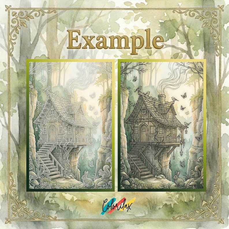 May include: Two detailed illustrations of a whimsical treehouse in a forest setting. The treehouses are perched on cliffs, with stairs leading up to the entrances. The image includes the text "Example" and the "Coloritax" logo.