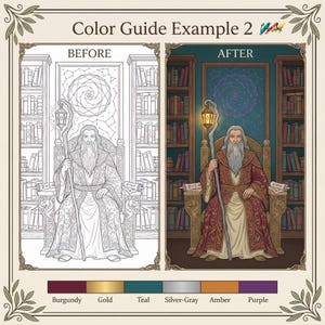 Pu&ograve; includere: Esempio di guida ai colori che mostra un'illustrazione prima e dopo di un mago. L'immagine prima &egrave; un disegno a tratto in bianco e nero. L'immagine dopo &egrave; colorata con bordeaux, oro, verde acqua, grigio argento, ambra e viola.