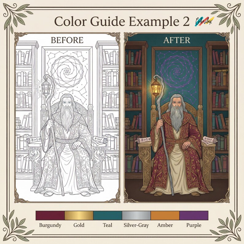 Pu&ograve; includere: Esempio di guida ai colori che mostra un'illustrazione prima e dopo di un mago. L'immagine prima &egrave; un disegno a tratto in bianco e nero. L'immagine dopo &egrave; colorata con bordeaux, oro, verde acqua, grigio argento, ambra e viola.