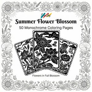 50 Summer Flowers Blossom MonoChrome Coloring Pages Adult Coloring Book Printable Plants Leaves Instant Download Stress Relief PDF image 1