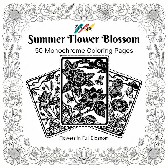 50 Summer  Flowers  Blossom MonoChrome Coloring Pages Adult Coloring Book Printable Plants Leaves Instant Download Stress Relief PDF