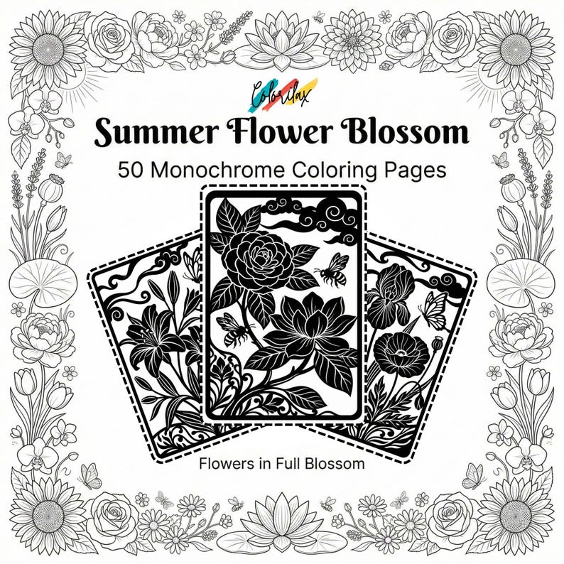 50 Summer Flowers Blossom MonoChrome Coloring Pages Adult Coloring Book Printable Plants Leaves Instant Download Stress Relief PDF image 1