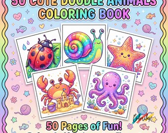 50 Cute Doodle Animals Coloring Pages Kids Learn to Color Book Printable PDF Before After Example Instant Download Ages 3-8