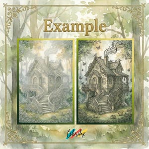 May include: Two detailed illustrations of a whimsical cottage in a forest setting. The cottage has a stone facade, a winding staircase, and a smoking chimney. The word "Example" is at the top. The illustrations are surrounded by a watercolor forest.