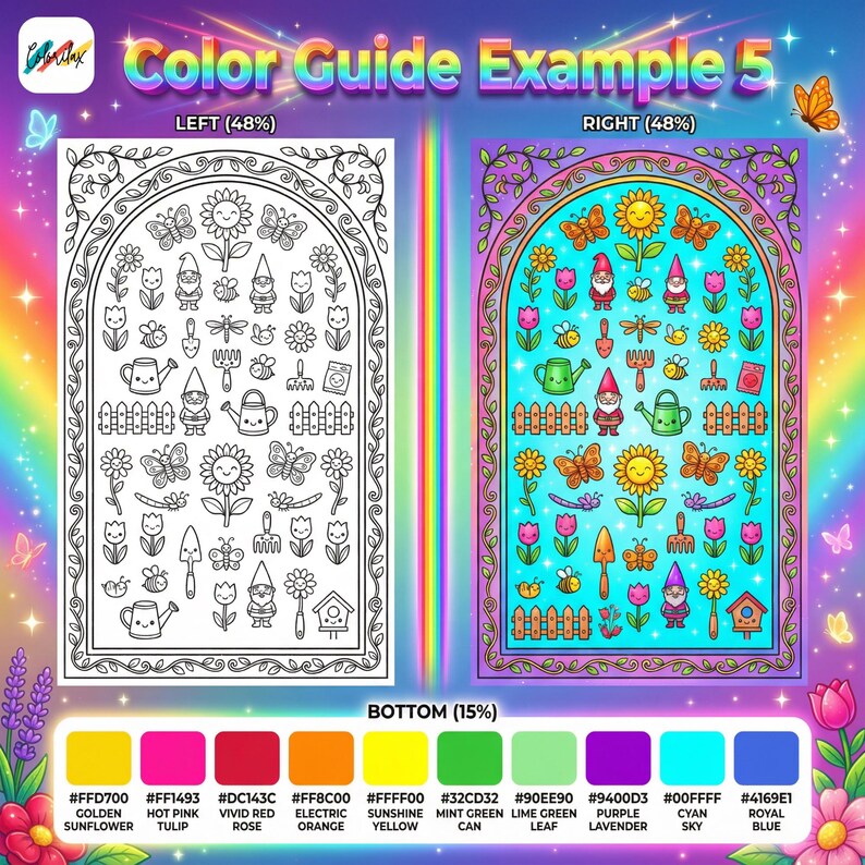 May include: A color guide example with a garden theme. The left side is a black and white outline, and the right side is colored. The image includes flowers, butterflies, gnomes, and gardening tools. The bottom shows color swatches with hex codes.