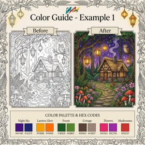 Puede incluir: Un ejemplo de gu&iacute;a de color que muestra una ilustraci&oacute;n de antes y despu&eacute;s de una caba&ntilde;a en un bosque. La imagen posterior est&aacute; coloreada con una paleta de colores de cielo nocturno, brillo de linterna, bosque, caba&ntilde;a, flores y setas. El texto "Color Guide - Example 1" est&aacute; en la parte superior.