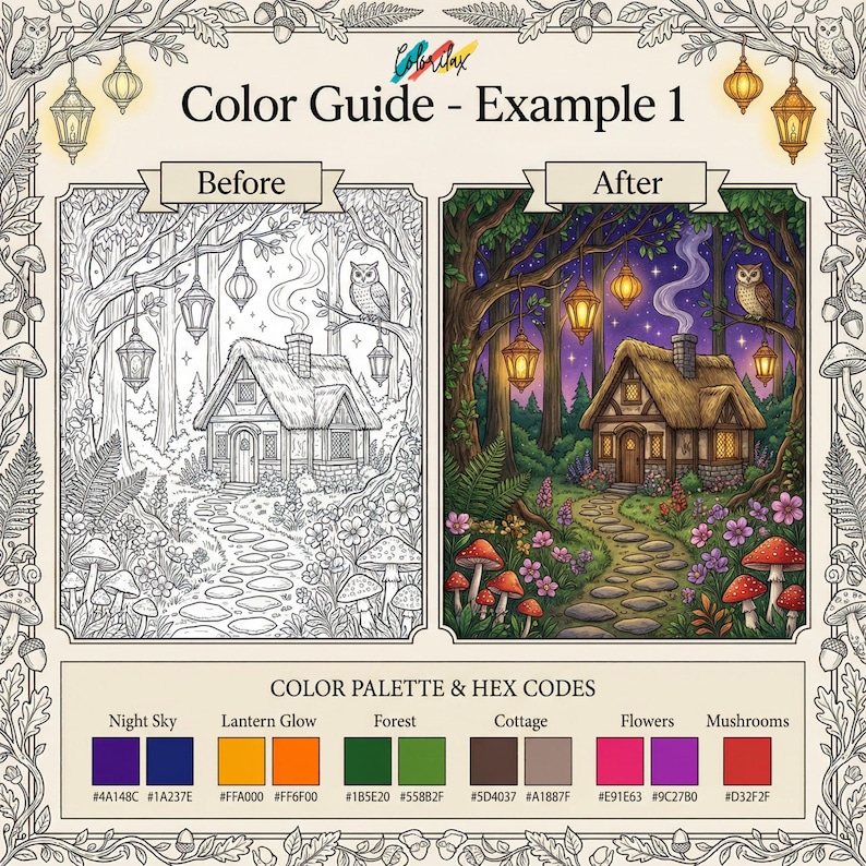 Puede incluir: Un ejemplo de gu&iacute;a de color que muestra una ilustraci&oacute;n de antes y despu&eacute;s de una caba&ntilde;a en un bosque. La imagen posterior est&aacute; coloreada con una paleta de colores de cielo nocturno, brillo de linterna, bosque, caba&ntilde;a, flores y setas. El texto "Color Guide - Example 1" est&aacute; en la parte superior.