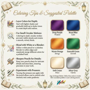 Pu&ograve; includere: Una guida decorativa con consigli per colorare e una tavolozza suggerita. La tavolozza include viola intenso, blu reale, arancione caldo, verde smeraldo, crema morbida e grigio argento. Il testo include consigli su come colorare.