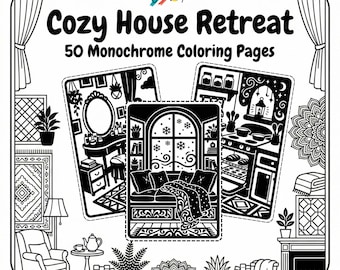 50 Cozy House Retreat Cozy Home Monochrome Coloring Pages Adult Coloring Printable Instant Download Stress Relief Mindfulness