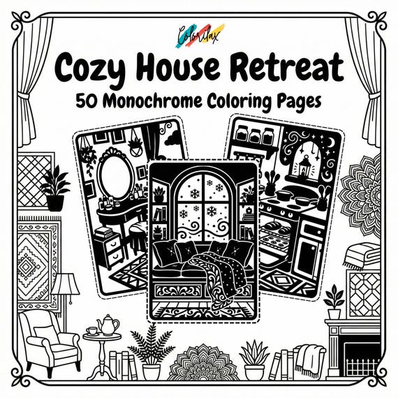 50 Cozy House Retreat Cozy Home Monochrome Coloring Pages Adult Coloring Printable Instant Download Stress Relief Mindfulness