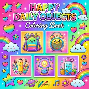 Puede incluir: Una colorida portada de libro para colorear con el título "HAPPY DAILY OBJECTS Coloring Book". La portada presenta ilustraciones de dibujos animados de una mochila, un despertador, lápices, una lámpara y una botella de agua, junto con arcoíris, estrellas y corazones.