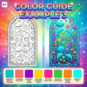May include: A vibrant color guide illustration with the text "COLOR GUIDE EXAMPLE 3". It features a coloring page with sea creatures and a colored version. A color palette with Electric Turquoise, Hot Coral, Vivid Purple, Sunshine Yellow, Neon Pink, Lime Green, Bright Orange, and Cyan is shown.