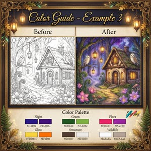 Puede incluir: Un ejemplo de gu&iacute;a de color que muestra una imagen de antes y despu&eacute;s de una escena de caba&ntilde;a. La imagen "Antes" es un dibujo lineal en blanco y negro. La imagen "Despu&eacute;s" es una ilustraci&oacute;n coloreada de la caba&ntilde;a, los b&uacute;hos y la flora circundante. La imagen incluye una paleta de colores.