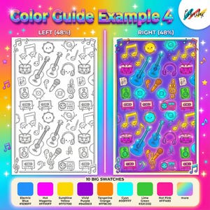 May include: A colorful illustration with the text "Color Guide Example 4" features musical instruments and notes. The left side is a black and white outline, while the right side is filled with vibrant colors. A color palette is at the bottom.