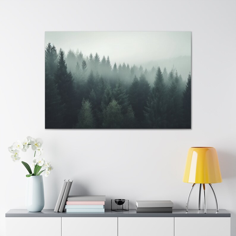 Misty Forest Art Print Large Living Room Wall Art on Canvas Pine Trees