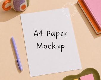 May include: A white A4 paper mockup with the text A4 Paper Mockup in black, accompanied by a lavender pen, a multicoloured ceramic mug, two stacked notebooks in pink and orange, and two square sticky notes in yellow and pink on a beige surface.