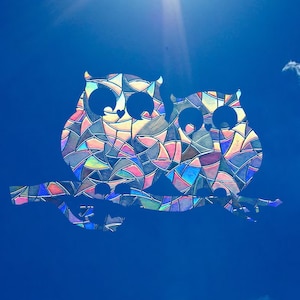 Owl Couple Suncatcher Decor Window Sticker, Two Owls in Love on a Branch Wall Art Decal Gifs for Kids