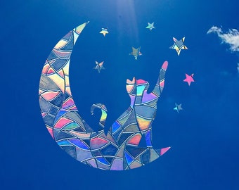 Cat on the Moon Suncatcher Sticker – Rainbow Window Cling, Celestial Cat Wall Decor