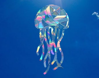 Jellyfish Suncatcher Sticker – Rainbow Window Cling, Ocean Wall Decor Gift
