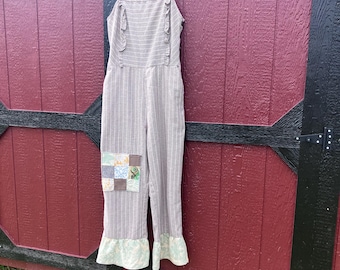 One-of-a-Kind Reworked Jumpsuit with Patch & Ruffle Hem – Size Large