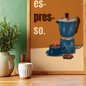 以下が含まれることがあります： 茶色の背景に「es-pres-so.」という文字が書かれた額縁付きのプリント。  テキストの下には、青と銀のコーヒーポットと、コーヒーカップとコーヒー豆が描かれています。