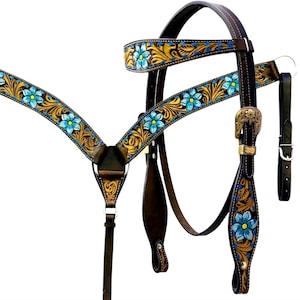 Western Hand Tooled Leather Horse Breast Collar and Headstall Set, Western Tack Set