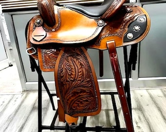 Selle de cheval western en cuir véritable de style cow-boy Selle de cheval western en cuir véritable de style cow-boy