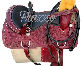 Western Leather Roper Horse Saddle, Handmade Floral Barrel Racing Saddle, Complete set included