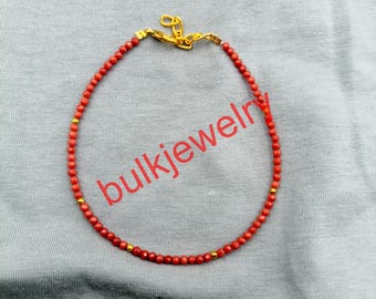 Natural Red Coral 2mm Beaded Bracelet, Minimalist Coral Bracelet, Dainty Stretch Gemstone Bracelet, Stackable Jewelry, Gift for Her