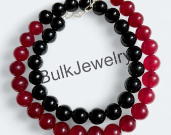 Schwarzer Onyx Perlen Halskette | Natürliche Onyx runde Perlen, 925 Sterling Silber, rote Onyx Perlen | Natürliche rote und schwarze Onyx 8 mm Glatt Runde