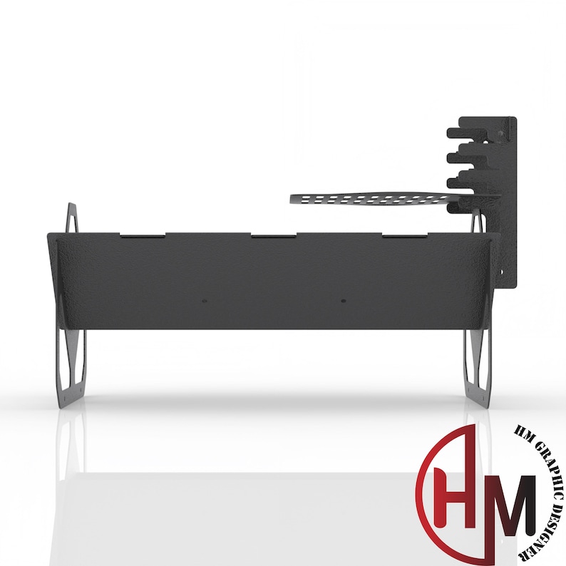 May include: A black metal fire pit with a side shelf and a grill grate. The fire pit has a rectangular shape and is designed for outdoor use.