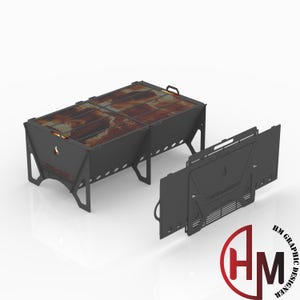 May include: A black metal rectangular barbecue with a cooking grate and side panels. The barbecue has a firebox with a flame design cut-out. The barbecue is designed for outdoor cooking and grilling.