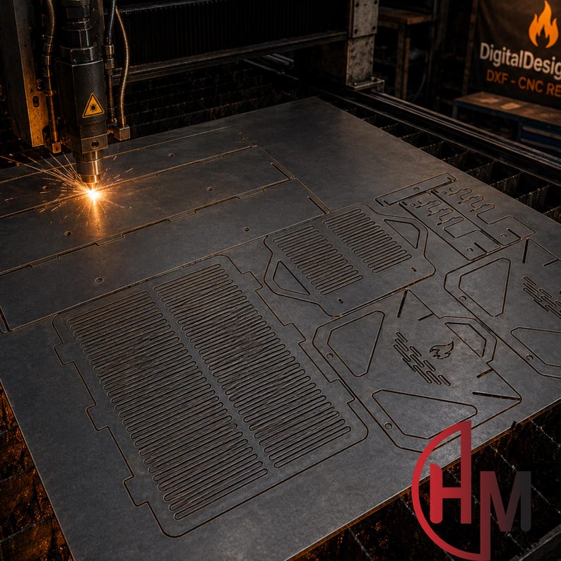 May include: A dark gray metal sheet being cut by a laser cutter, creating sparks at the point of contact. The sheet features several pre-cut geometric shapes and grill-like patterns, with a small flame icon etched into one of the metal components.