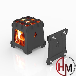 May include: A black metal fire pit with a square base and a removable side panel. The fire pit has a grid inside and a cutout of a flame on the side. The fire pit is assembled and shows a fire burning inside.