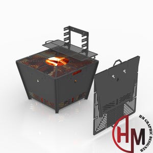May include: A black metal fire pit with a grill grate and a removable side panel. The fire pit is lit and has flames visible inside.