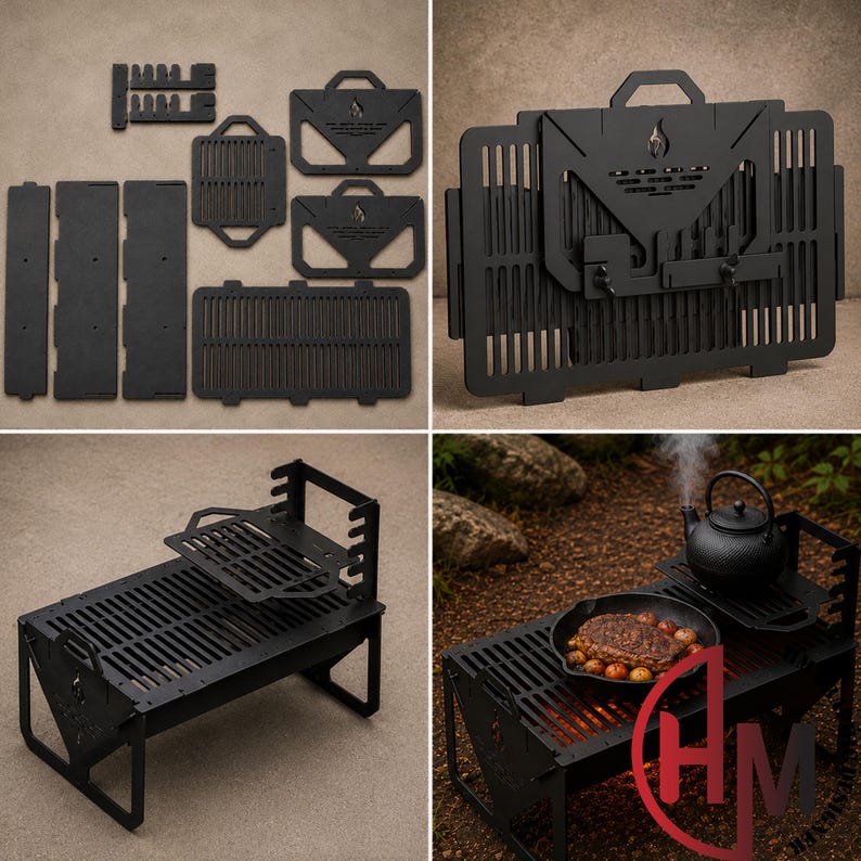 May include: A matte black portable camping grill made of interlocking metal panels. The set includes flat base pieces, side supports, and a slotted cooking grate. When assembled, it forms a rectangular fire pit with an adjustable elevated shelf.